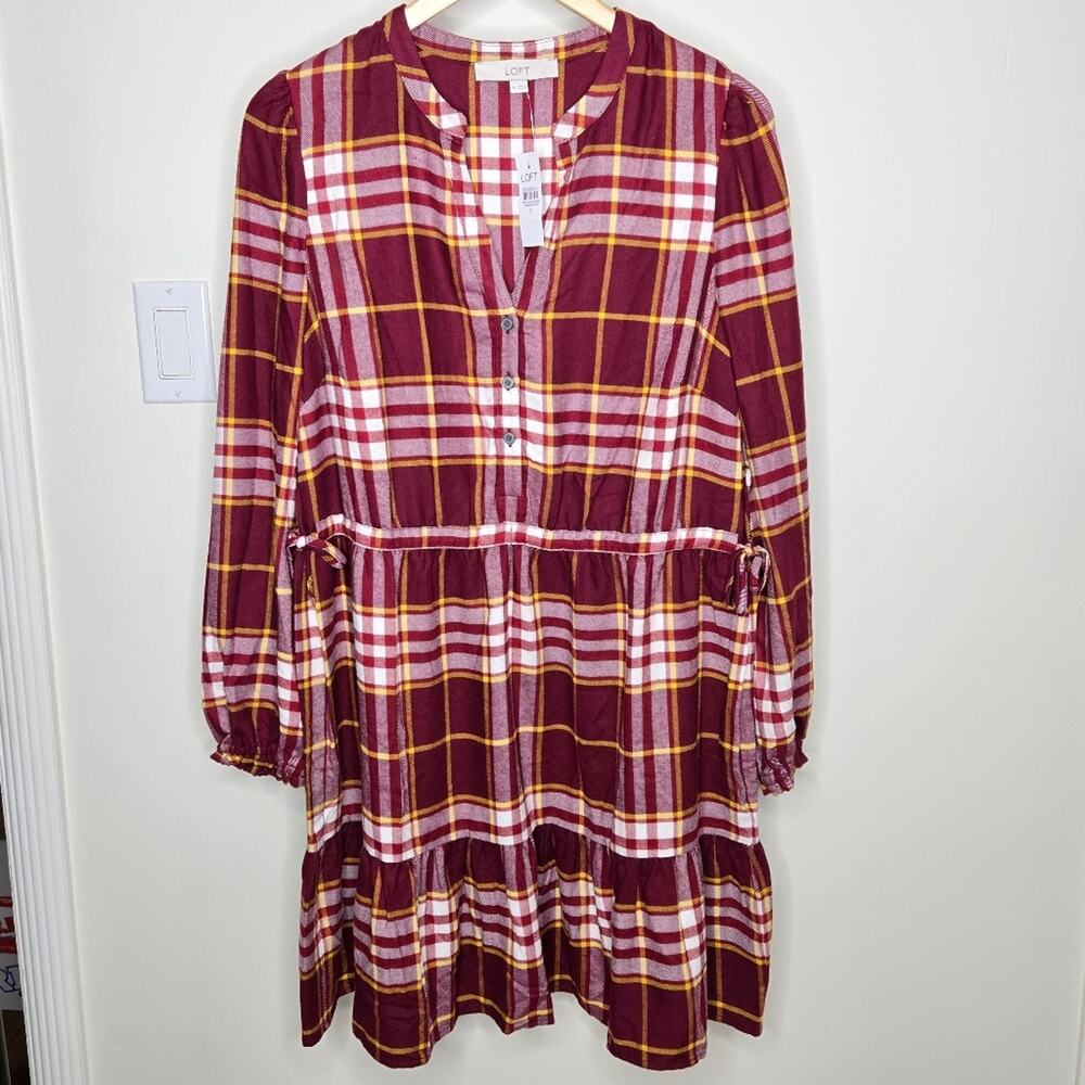 NWT  LOFT Long Sleeve Flannel Vneck Burgundy Plaid Dress Size M